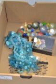 Mixed Lot: Various glass marbles, porcelain flower brooch and a modern necklace
