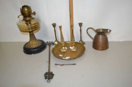 Mixed Lot: Oil lamp base, various candlesticks, toasting fork etc
