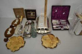 Mixed Lot: Silver entree dish, cased mother of pearl handled dessert cutlery, wall plaques and other