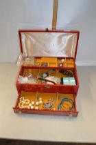Cantilever jewellery box containing various assorted costume jewellery, wristwatches etc