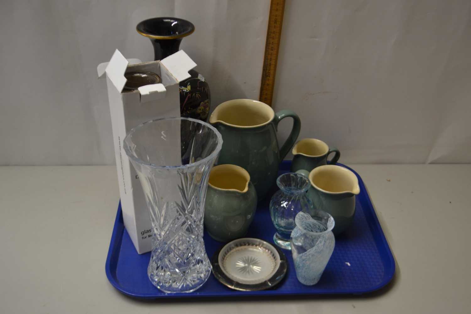 Tray of mixed items to include Dartington Crystal, glass wares, Denby jugs and other assorted items