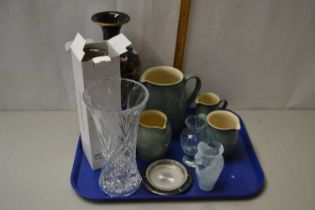 Tray of mixed items to include Dartington Crystal, glass wares, Denby jugs and other assorted items