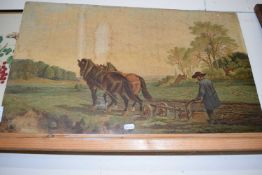 Lithographic print, 19th Century ploughing scene with horses