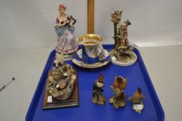 Tray of various mixed model animals, 19th Century gilt decorated cup and saucer etc