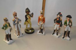 Group of five modern continental porcelain military figures plus a further resin example (6)