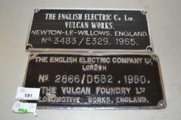 Railway Interest - Two rectangular cast metal plaques for the English Electric Co Ltd, Vulcan Works,