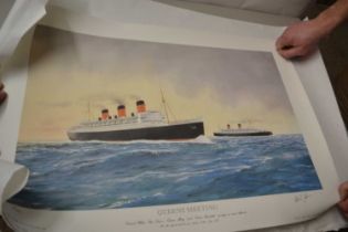 After Andrew Dibben, Queens Meeting, coloured print of the cruise liners, The Queen Mary and The