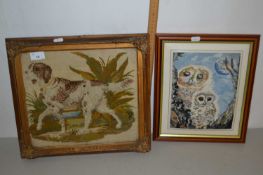 Victorian needlework picture of a Spaniel plus a further modern tapestry picture of owls (2)