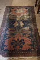 Antique Middle Eastern wool floor carpet decorated with large central red and blue panel, 184 x