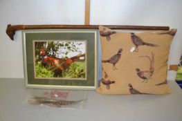 Mixed Lot: Coloured print of a pheasant, a pheasant head walking stick, a pheasant cushion and bag