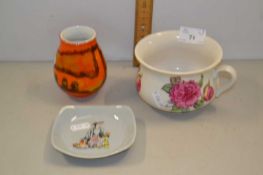 Small Poole Pottery vase, a miniature chamber pot and a Wade ashtray
