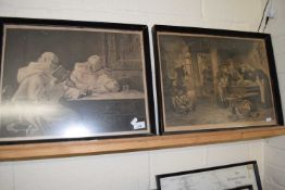 Pair of monochrome prints, interior scenes with Monks