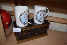 Small wooden box together with two royal mugs