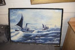 M R Aldridge, study of Lowestoft fishing boats, oil on board, framed