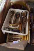 Box containing large quantity of assorted cutlery, toast racks, Treen etc