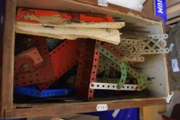 Wooden box containing a quantity of vintage Meccano