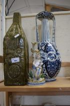 Heavy art pottery decorative vase together with Mediterranean similar and a small figure