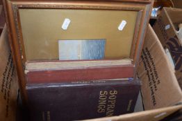 Box containing quantity of various framed pictures and vintage music books