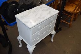 White painted four drawer chest with marble effect top, 55cm wide