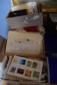 Five boxes of various unsorted postal history including used stamps, postcards, covers etc