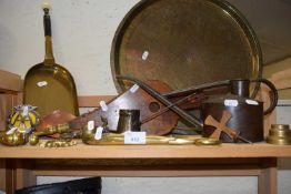 Collection of various metal wares and others including inscribed tray, brass bellows, tongs etc