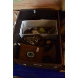 Box containing assorted collectables including cigar box, caddy spoon, figures etc