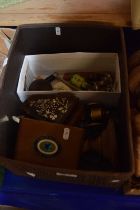 Box containing assorted collectables including cigar box, caddy spoon, figures etc