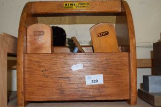 Vintage wooden Kiwi shoe brush holder and contents