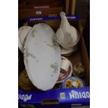 Box containing various ceramics including egg crock, teapot etc