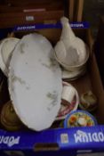 Box containing various ceramics including egg crock, teapot etc