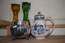 Two water jugs formed as cats together with teapot etc