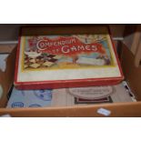 Box containing vintage games compendium,various cigarette cards and albums, some slides etc