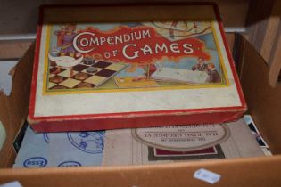 Box containing vintage games compendium,various cigarette cards and albums, some slides etc