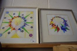 Two framed abstract colourful geometric shapes initialled by Diana Beswick