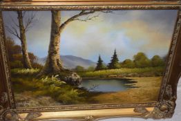 Oil on board, landscape with pond, signed Welford