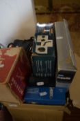 Box containing quantity of various photographic accessories including Minolta Zoom 110 camera etc