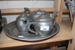 Chinese pewter tea set marked to the base Swatow with various Chinese markings
