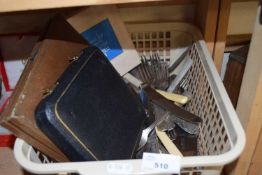 Box containing various cased and loose stainless and bone handled cutlery
