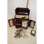 Wooden table top jewellery case and various costume jewellery