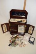 Wooden table top jewellery case and various costume jewellery