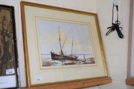 D N Urquhart, Barges at Pin Mill, Suffolk, watercolour, framed and glazed