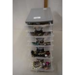Five drawer plastic table top chest containing various assorted costume jewellery