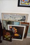 Mixed Lot: Two still life studies, coloured print after Rowland Hilder a further floral study and an