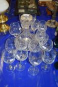 Collection of various clear drinking glasses, decanters etc