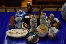 Mixed Lot: Various assorted vases, animal ornaments, miniature three drawer chest etc
