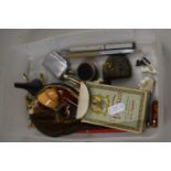 Box of various mixed items to include vintage tobacco pipe, various pens including Parker and