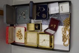 Mixed Lot: Various silver and white metal rings, travel clock, tigers eye signet type ring and other