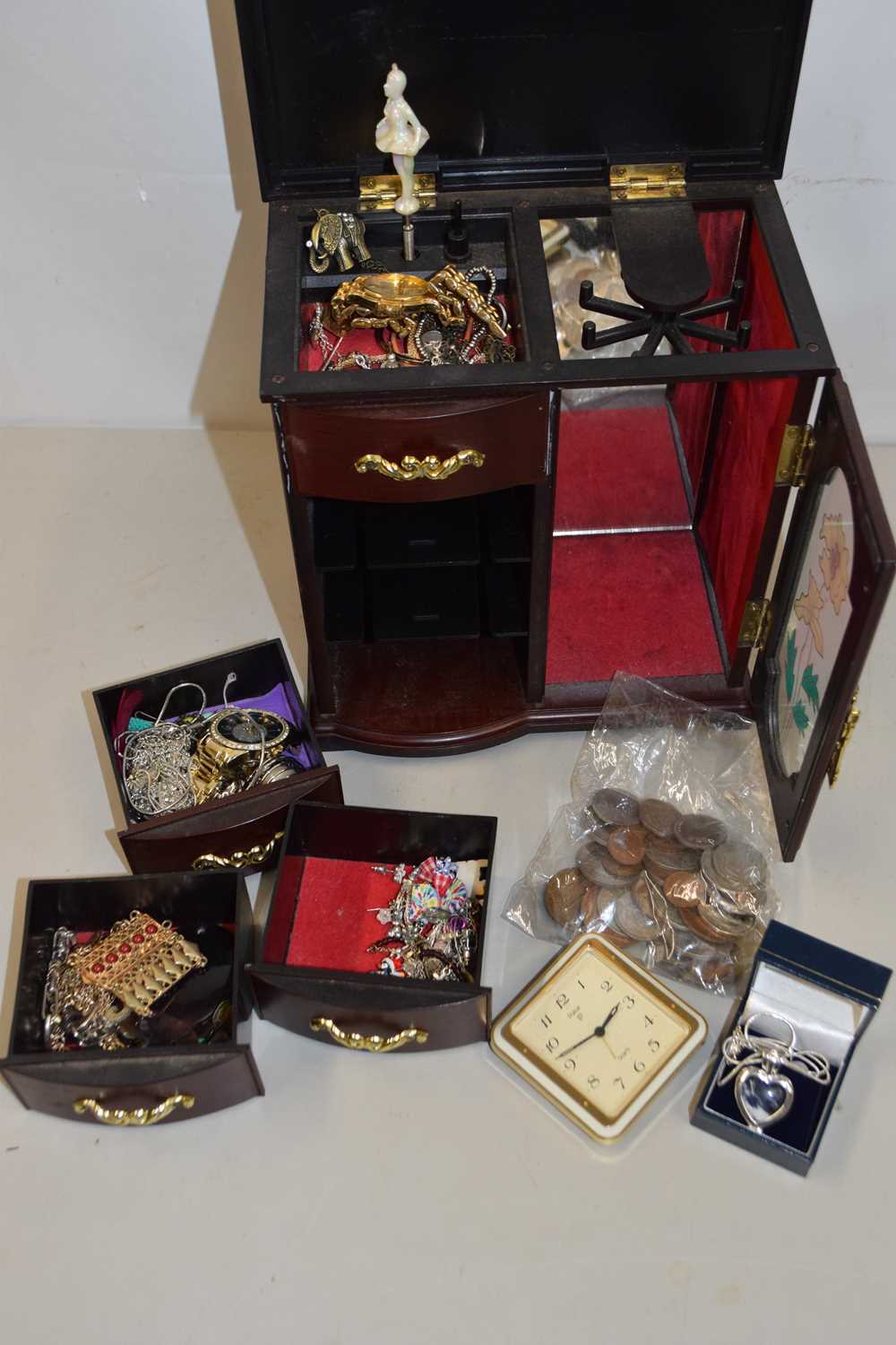 Small table top jewellery cabinet and various costume jewellery