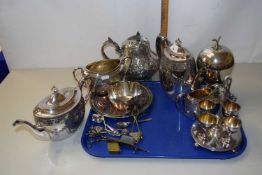 Tray of various assorted silver plated wares to include tea wares, egg cruet, egg coddler etc