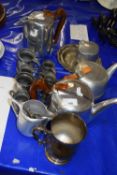 Mixed Lot: Various pewter measures, Piquot tea set and other assorted items